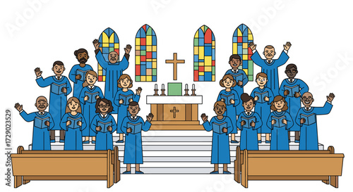 Diverse Church Choir Singing in Blue Robes with Colorful Stained Glass Windows and Wooden Pews, Representing Harmony, Music, and Spiritual Community