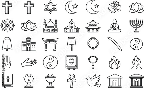Religious icons, black and white vector, spiritual symbols, global faith elements, outline pack, scalable set, cultural design assets, sacred UI