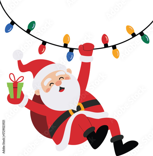 Santa Claus hanging on Christmas lights, holding gift box, festive holiday cartoon, cad drawing flat vector illustration, cheerful seasonal clipart