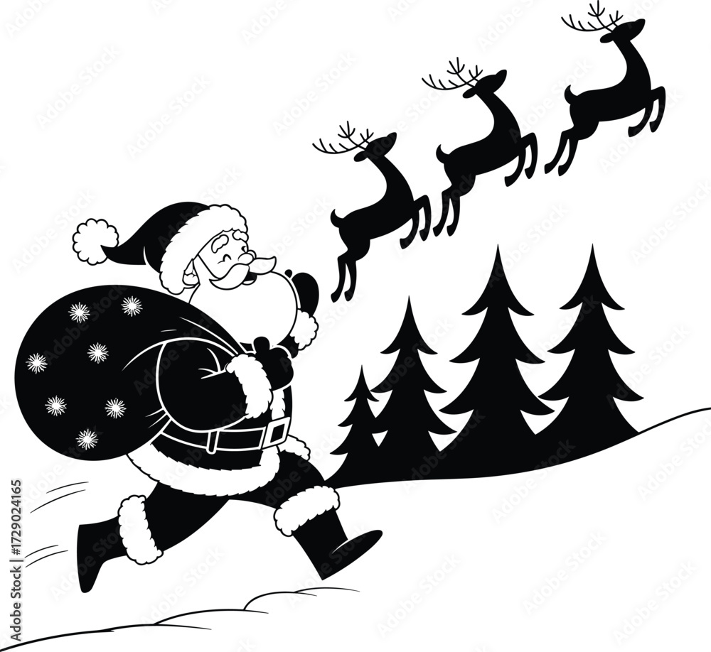 Naklejka premium Santa running, Christmas forest, gift sack, reindeer flying, holiday cheer, snowy scene, cad drawing, flat vector illustration, festive cartoon, winter clipart