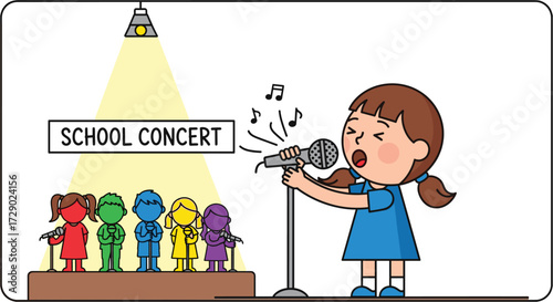 Girl Singing Solo at School Concert with Backup Singers, Cartoon Illustration for Children's Education and Entertainment, Fun and Colorful Artwork
