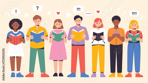 Diverse group of people reading books and sharing thoughts.