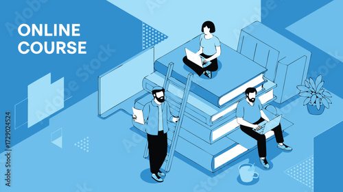 Online course illustration with people studying on books.