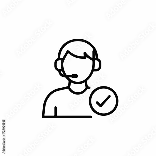 Customer service agent with headset and check mark icon, representing successful support and satisfaction.
