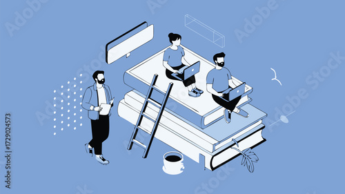 People working on laptops sitting on books