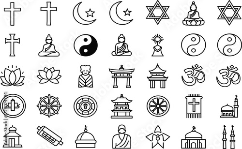 World religion icon set, spiritual symbols grid, black and white vector, cultural belief signs, sacred diversity, interfaith illustration pack