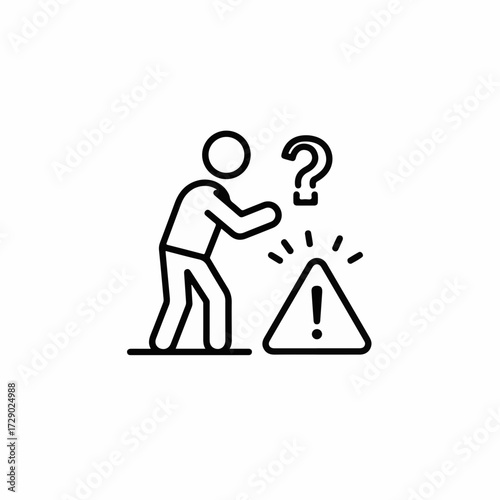 Person confused by warning sign and question mark, symbolizing uncertainty and risk.