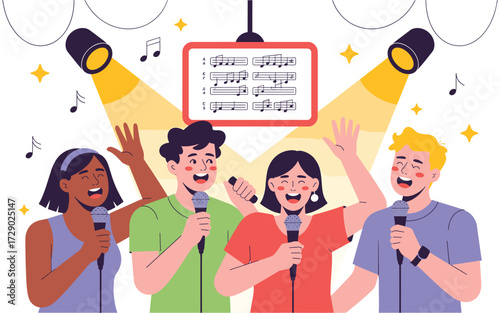 Happy Diverse Group Singing Karaoke Together with Microphones and Music Sheets, enjoying the performance, spotlights, and good times in friendly collaboration