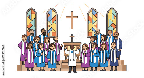 Diverse Church Choir Performing with Conductor: Religious Service, Gospel Music, Community Harmony, Faith, Unity, Spiritual Gathering, Stained Glass, Christian Symbolism