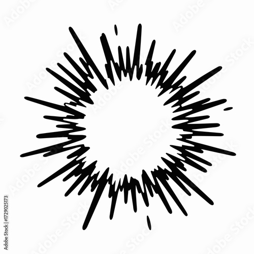 Explosive burst of black ink radiating outwards from a central point on a white background.