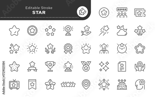 Star line icon set. Rating, bright, night, sparkle, shine, favorite, award, starfish, event, shotting star and more. Outline icon in linear style. Vector collection.	