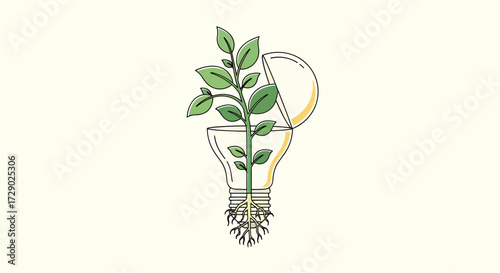 Idea of growth and innovation symbolized by a plant sprouting from a lightbulb with roots visible