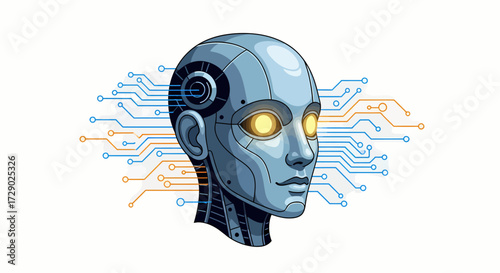 Abstract AI head illustration with circuit board connections and glowing yellow eyes