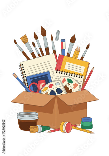 A box overflowing with art supplies including paints brushes notebooks and pencils.
