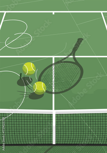 An overhead view of a tennis court with two tennis balls and a racket casting a shadow.