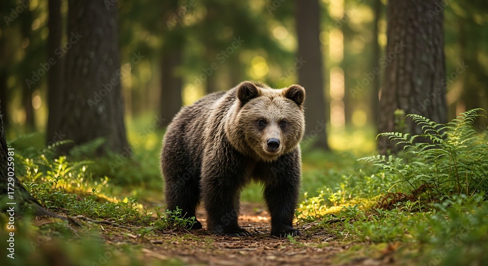 Fototapeta premium Brown bear standing in a sunlit forest clearing amidst tall trees