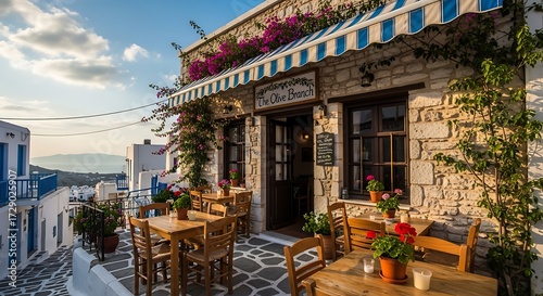 Picturesque Greek Island Restaurant Patio.