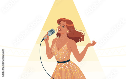 Elegant Female Singer with Retro Microphone Performing on Stage Under Spotlight, Wearing a Sparkling Dress, Vector Illustration for Concert, Talent Show, or Celebration.