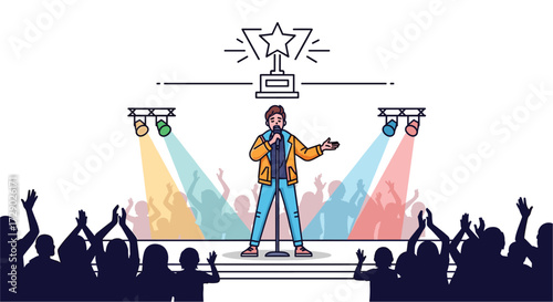 Cartoon Illustration: Male Singer on Stage with Audience, Spotlights and Award Trophy - Entertainment, Live Performance, Celebration and Success Concept.