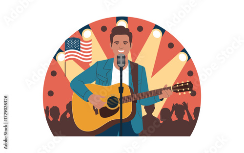American Country Music Singer Performing Live on Stage with an Acoustic Guitar and an American Flag Backdrop for His Enthusiastic Fans