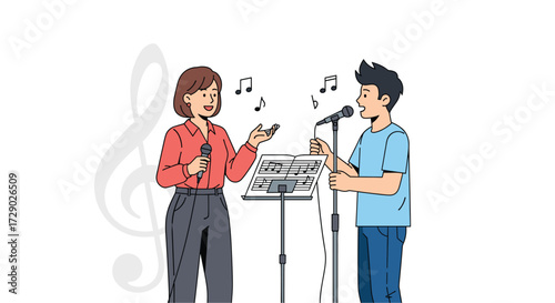 Singing Lesson: Woman Teaching Young Man to Sing with Microphone and Sheet Music, Vocal Coach and Student, Music Education and Performance
