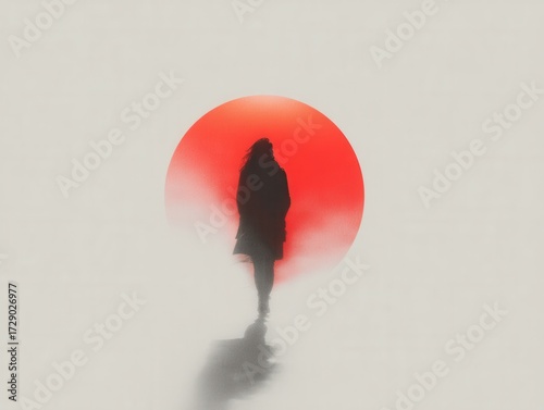 Wallpaper Mural A person walks alone, silhouetted against a large red sun that casts a warm glow. The misty background adds to the serene yet mysterious feel of dusk. Torontodigital.ca