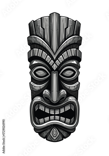 An ancient weathered tiki mask with a fierce expression and carved details.