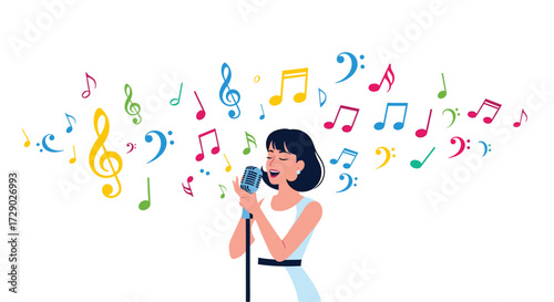 Elegant Singer with Microphone Surrounded by Colorful Music Notes, a Celebration of Vocal Performance and Melodic Expression, on White Background