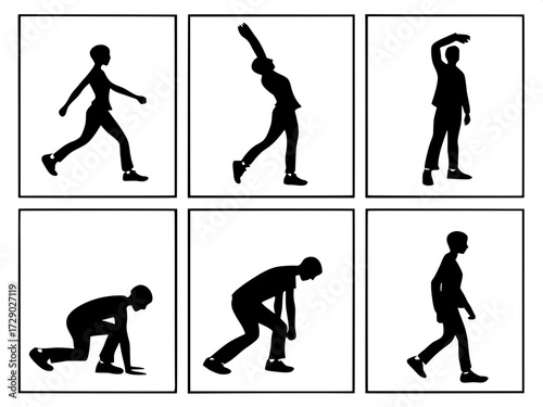 Exercise Icon Collection
“Black stick figure silhouettes shown in nine different exercise or movement poses. Arranged in a 3x3 square grid, flat vector style, high-contrast, no detail beyond simple ou