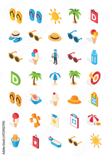 A collection of summer vacation and beach holiday icons.