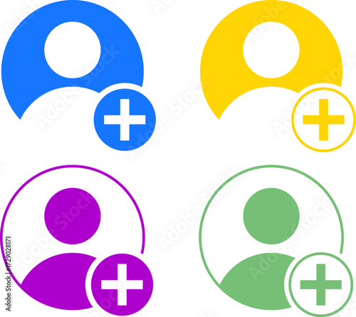 Add new user icon set. User profile add friend symbol. Add user sign. Add new member icons collection. User or person with plus symbols