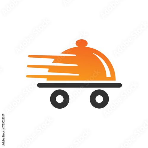 Orange food cloche on wheels with motion lines delivery service