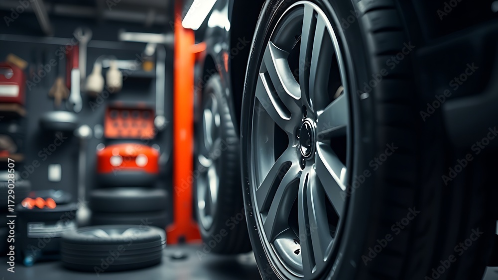 Obraz premium Automotive maintenance concept with tire service theme in a professional workshop.