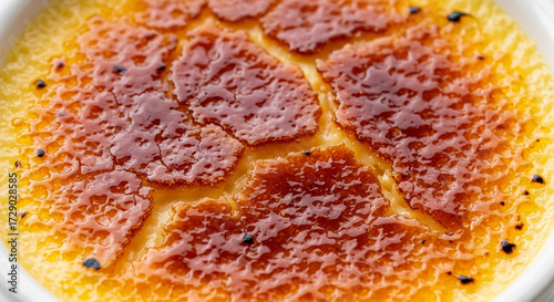 Close-up of crackly caramelized sugar top of crème brûlée