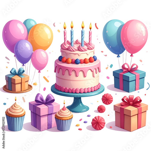 Complete Birthday Party Set with Decorations, Cake, and Balloons, Isolated on White Background