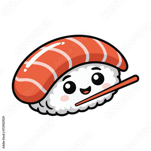 Cute salmon nigiri sushi character with chopsticks smiling happily food art isolated on white background