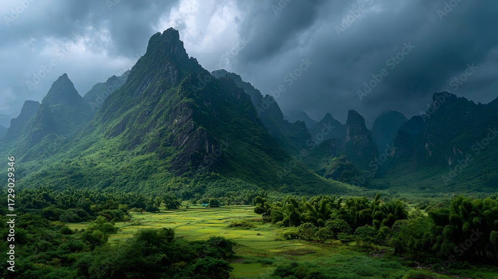Obraz premium Moody Karst Mountains above Lush Green Valley and Bamboo