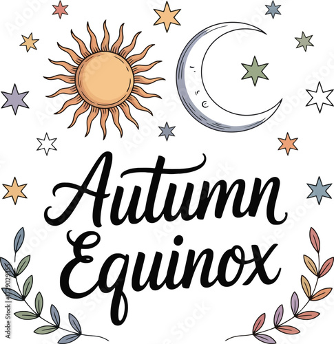 Autumn Equinox text with sun moon and stars vector graphic celestial