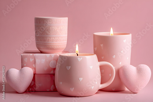Pink candles and heart decor in romantic setting