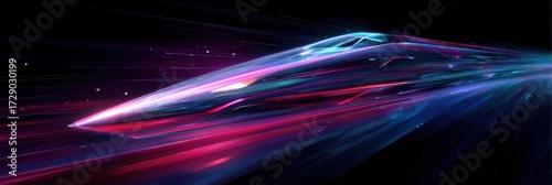 A sleek train speeds through a digital landscape, leaving vibrant trails of light in its wake. The scene captures the essence of advanced technology and motion.