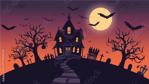 Spooky haunted house on a hill with graveyard, full moon, bats, and eerie trees, perfect for Halloween designs and scary themes