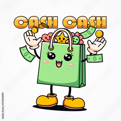 Shopping bag character throwing money up, cartoon vector. Suitable for shopping and business