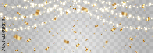 Christmas light bulbs, glowing garlands string with festive confetti png. New Year's party lights with golden bright confetti falls, holiday decorations. Vector garland illustration isolated on png