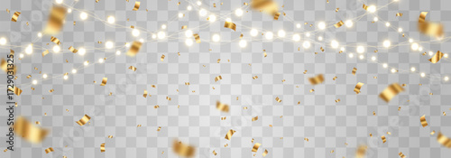 Christmas light bulbs, glowing garlands string with festive confetti png. New Year's party lights with golden bright confetti falls, holiday decorations. Vector garland illustration isolated on png