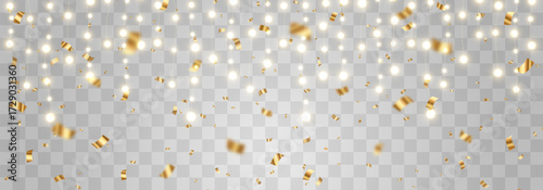 Christmas light bulbs, glowing garlands string with festive confetti png. New Year's party lights with golden bright confetti falls, holiday decorations. Vector garland illustration isolated on png