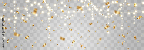 Christmas light bulbs, glowing garlands string with festive confetti png. New Year's party lights with golden bright confetti falls, holiday decorations. Vector garland illustration isolated on png