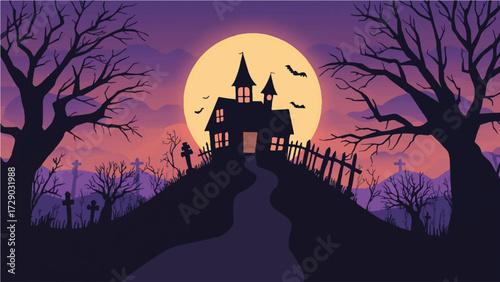 Spooky haunted house on a hill with graveyard, full moon, bats, and eerie trees, perfect for Halloween designs and scary themes