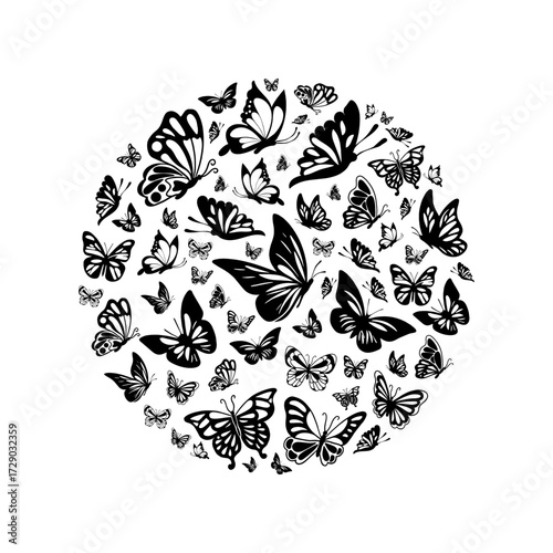 silhouette design of flying butterflies and moths forming circular
