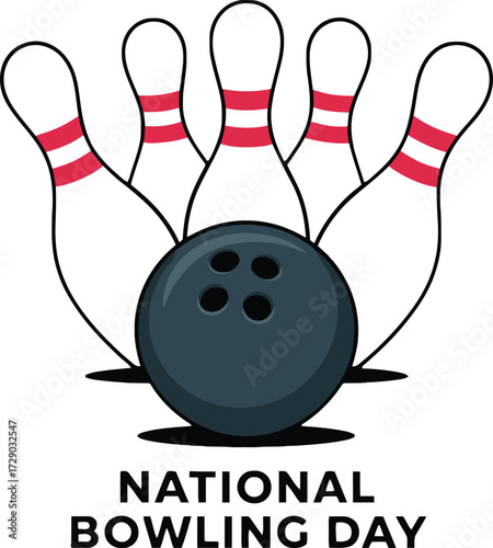 Dark blue bowling ball and white pins with red stripes National Bowling Day sport game