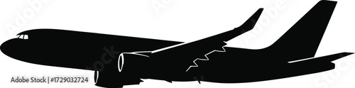 Black silhouette of commercial airplane in flight, isolated jet vector for aviation, travel, transport, airline, and aerospace industry themes. 